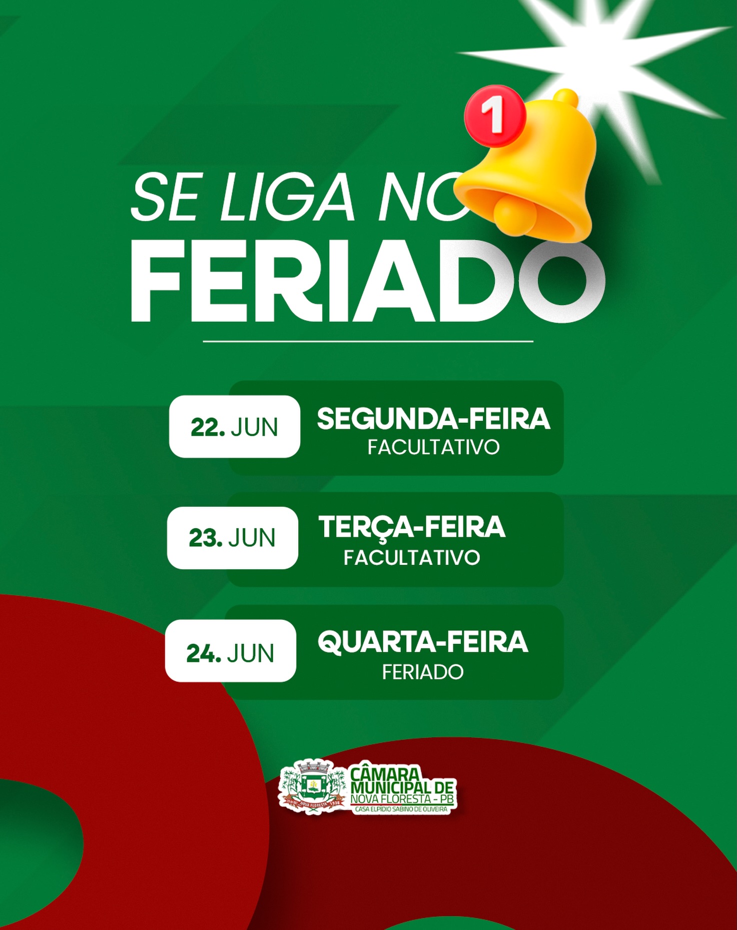 Câmara Municipal de Nova Floresta divulga calendário de funcionamento durante período de feriado